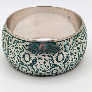 Silver Plated Engraved in Blue Design Bangle Bracelet Aqua Vintage 7.5"